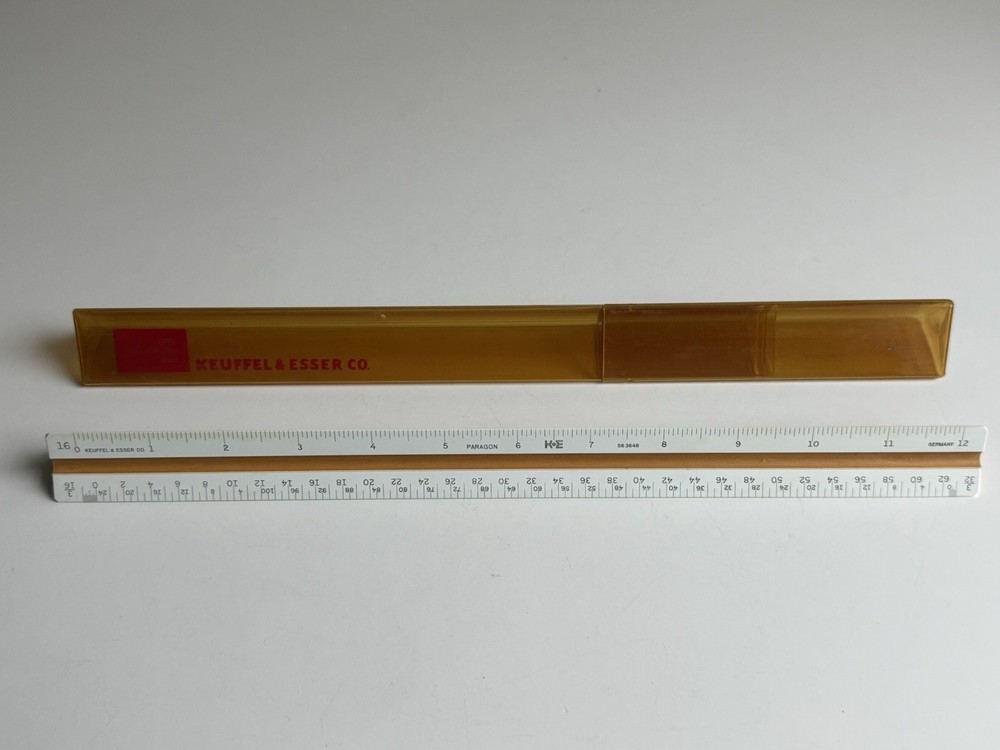 Vintage Keuffel + Esser Triangular Drafting Scale Ruler 56 3648 W/ Case 12”