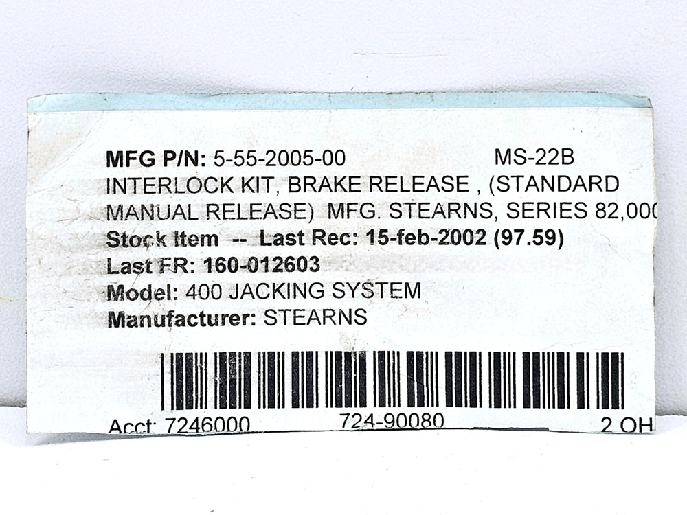 5-55-2005-00 STEARNS INTERLOCK KIT BRAKE RELEASE FOR 400 JACKING SYSTEM