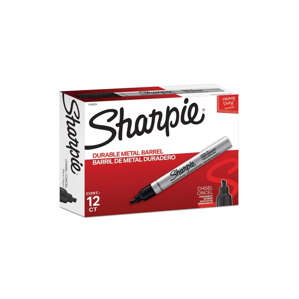 12 pack Sharpie Metal Barrel Chisel Point Permanent Markers, Black