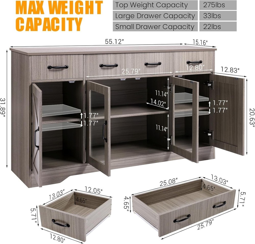 Sideboard Buffet Cabinet with Storage, 55" Large Kitchen Buffet Table with Glass