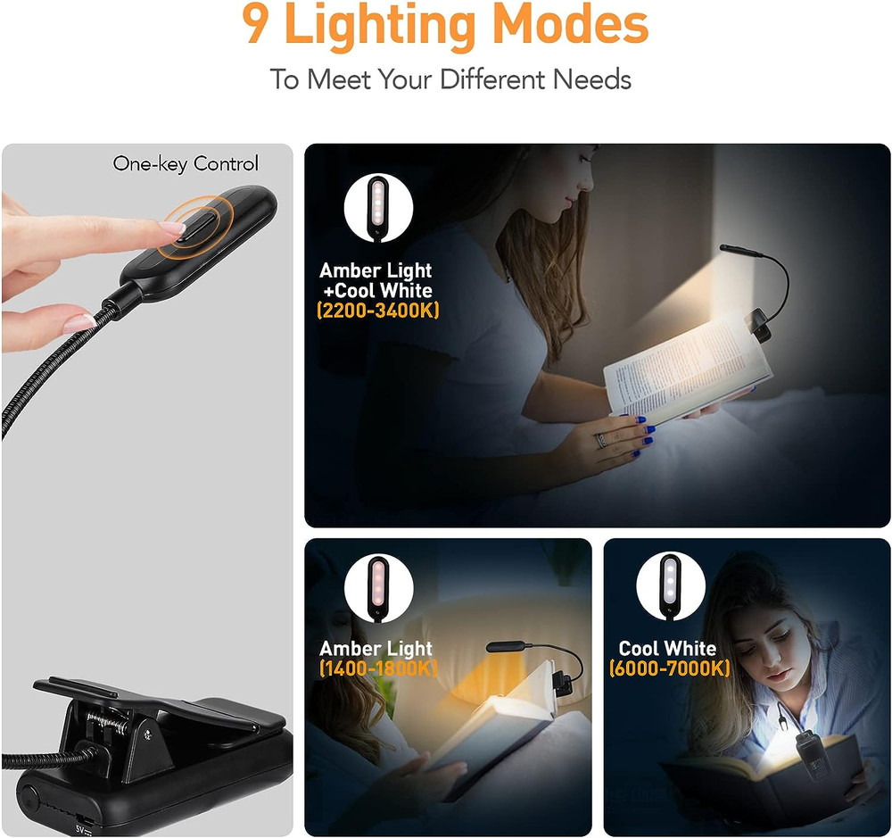 VAVOFO Amber Rechargeable Reading Light, Blue Light Blocking Book Light, 7 Leds
