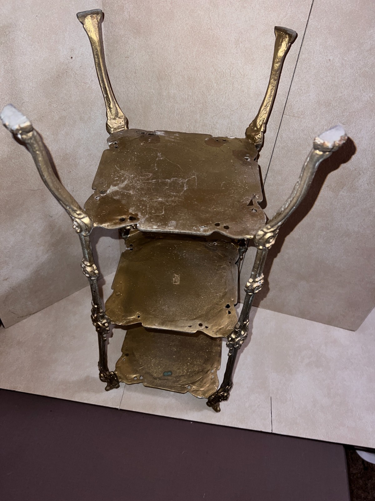 RARE 1950s Italian BRASS Filigree 3-Tier Plant Stand, Handmade Ornate, Claw Feet