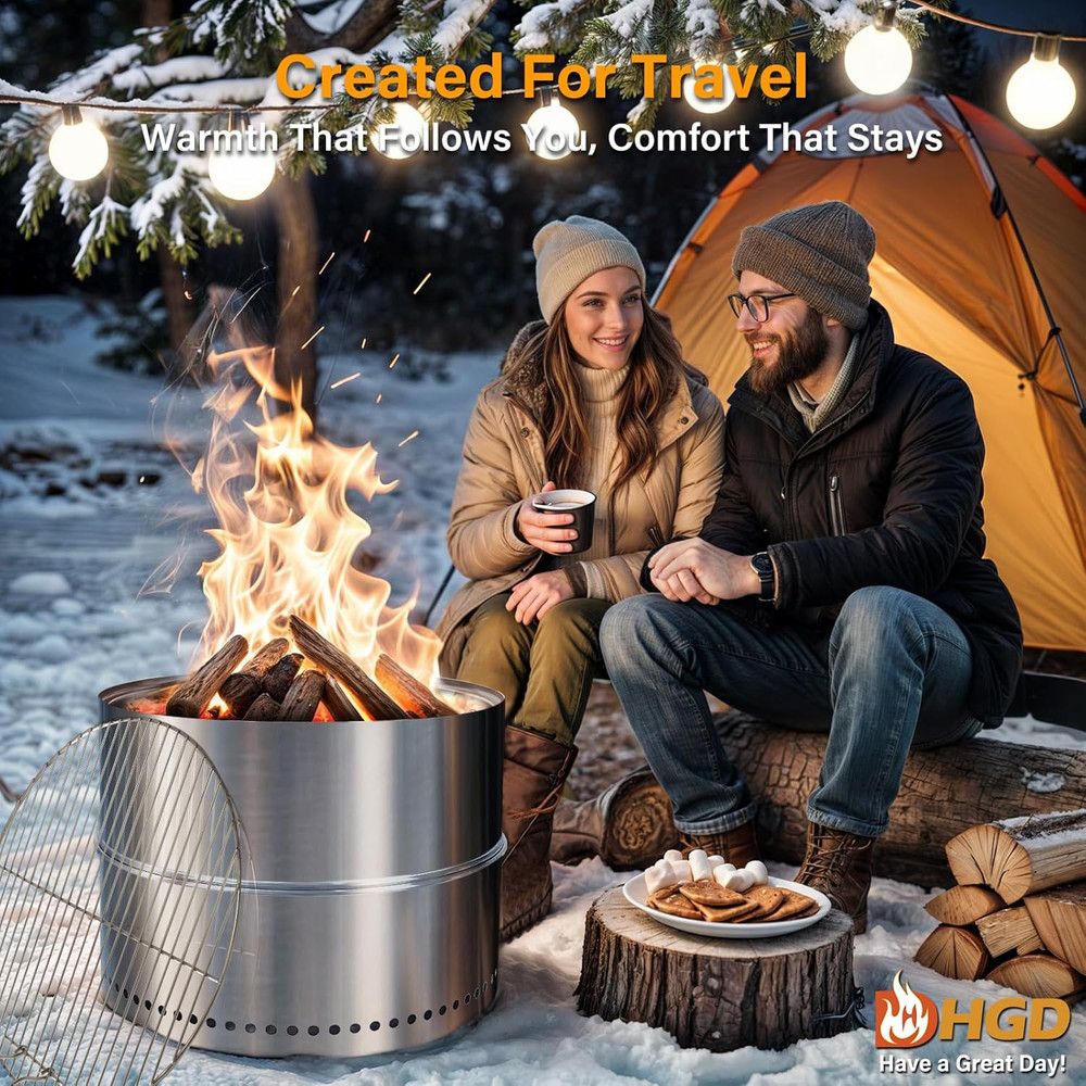 Compact 19.8" Smokeless Fire Pit & Grill - Perfect for Camping & Backyard Fun