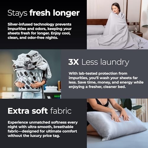 Silver Infused Bed Sheets Set - Ultra-Soft Temperature-Regulating Queen Gray