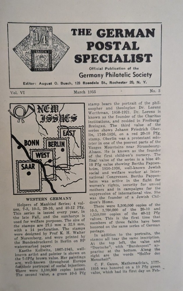 German Postal Specialist Mar 1955 New Issues Western Germany TPO Offices
