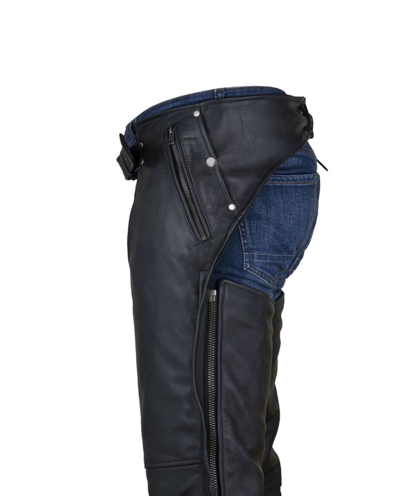 Black Multi-Pocket Premium Cowhide Leather Chaps with Removable Lining