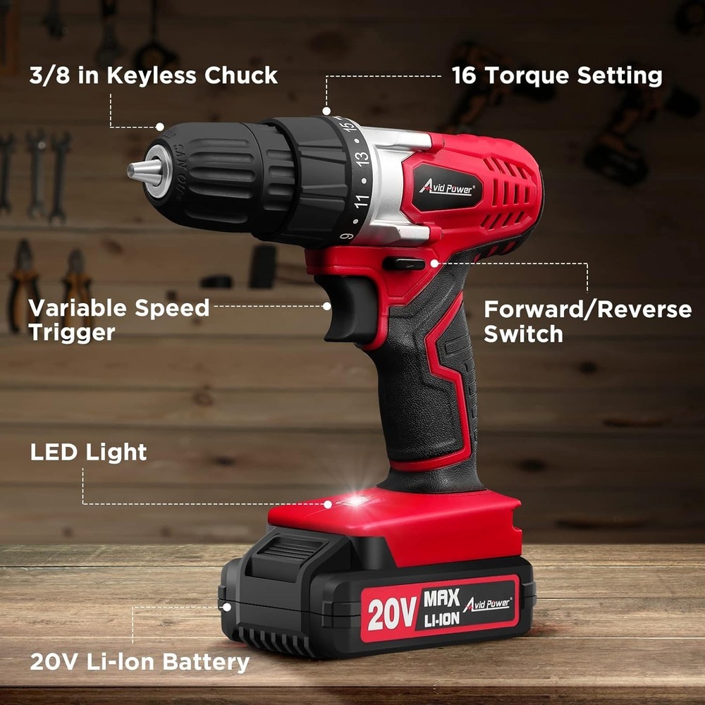Lightweight 20V Cordless Drill with Variable Speed & LED Light - Complete Set