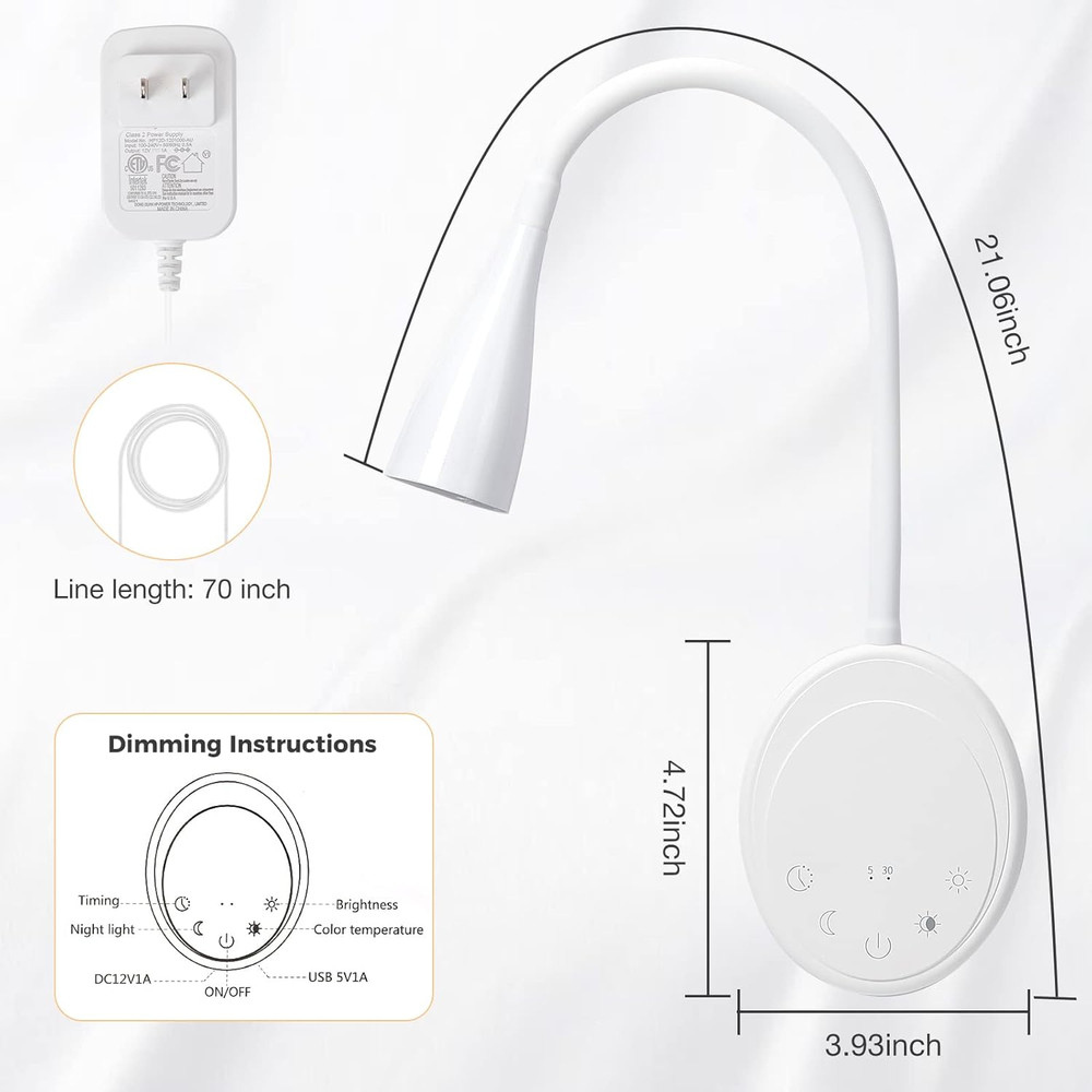 Dimmable LED Wall Mount Reading Light with USB & Touch Control - 2 Pack