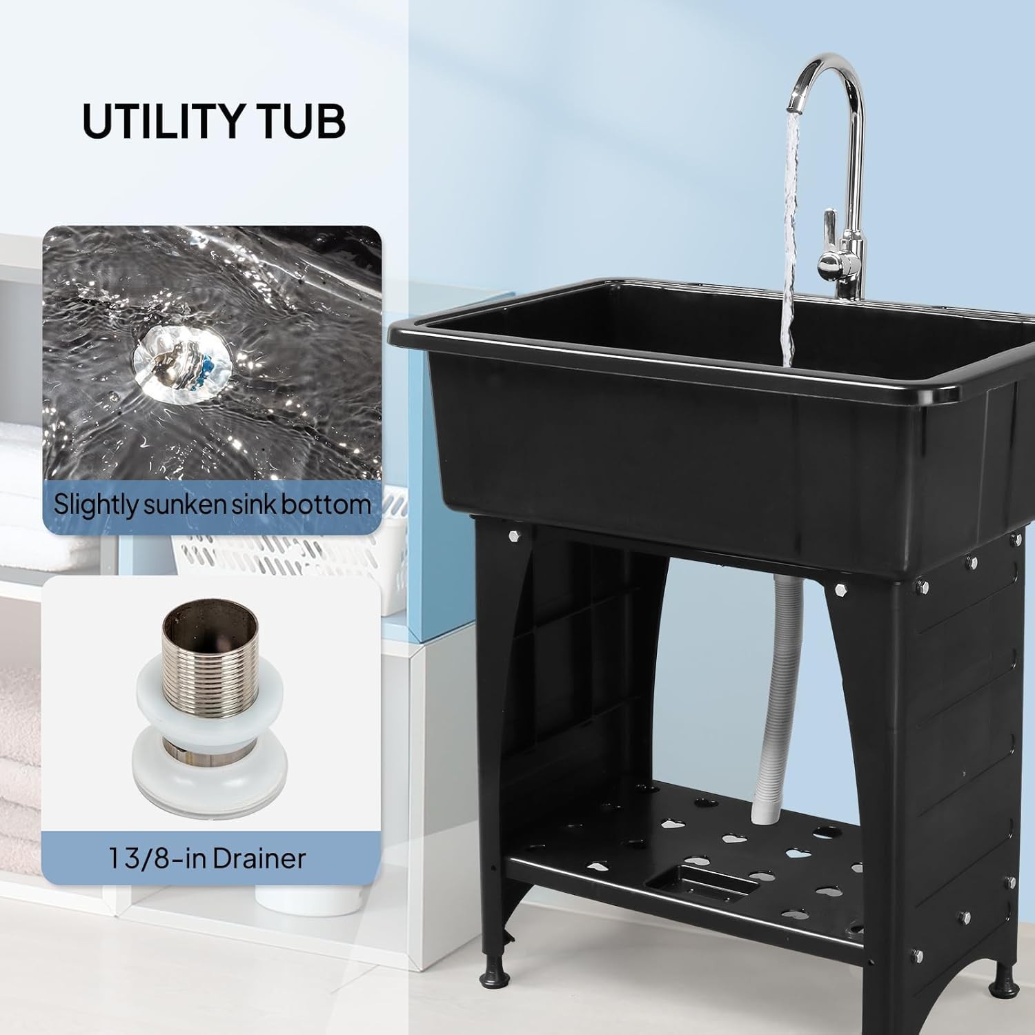 Freestanding Utility Sink with Stainless Steel Faucet, Drain, Storage Shelf NEW