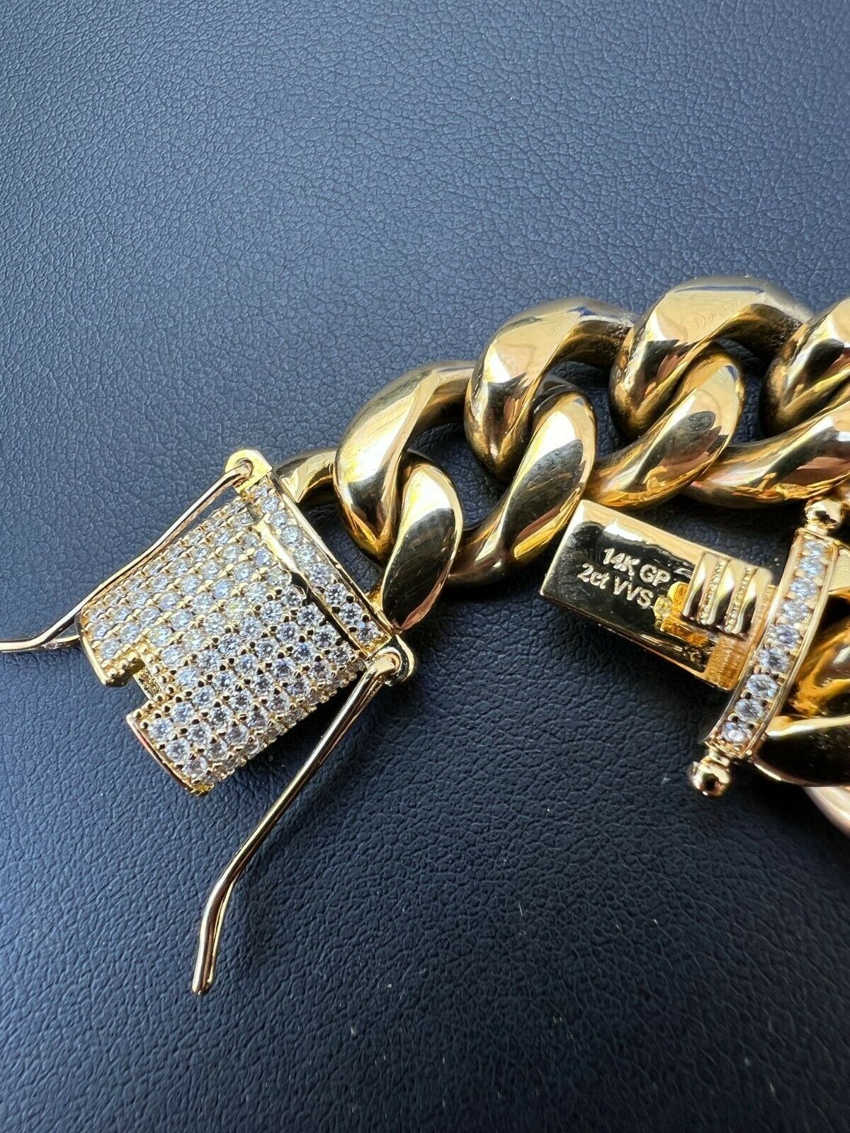 Real Miami Cuban Link Bracelet 1ct CZ Iced Clasp 14k Gold Plated Stainless Steel