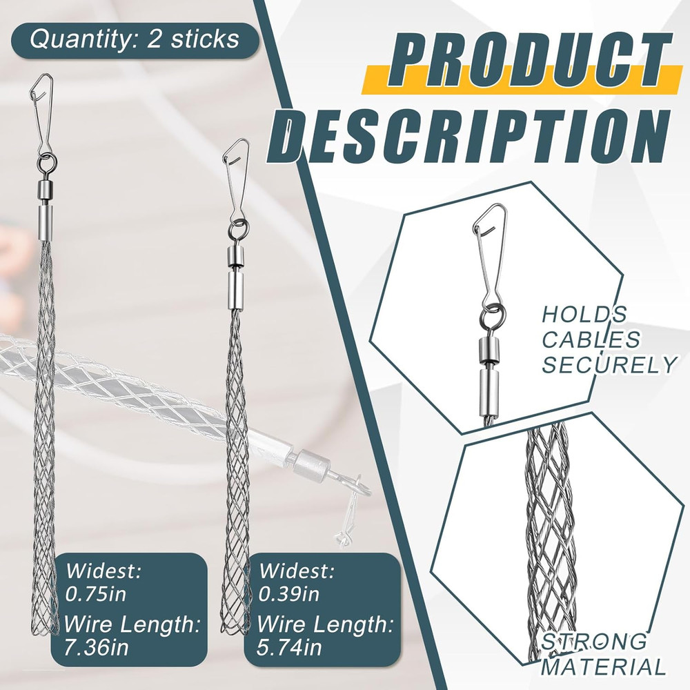 2 Pcs 1/2 in and 3/4 in Wire Pulling Grip Mesh Metal Cable Puller Socks Wire Too