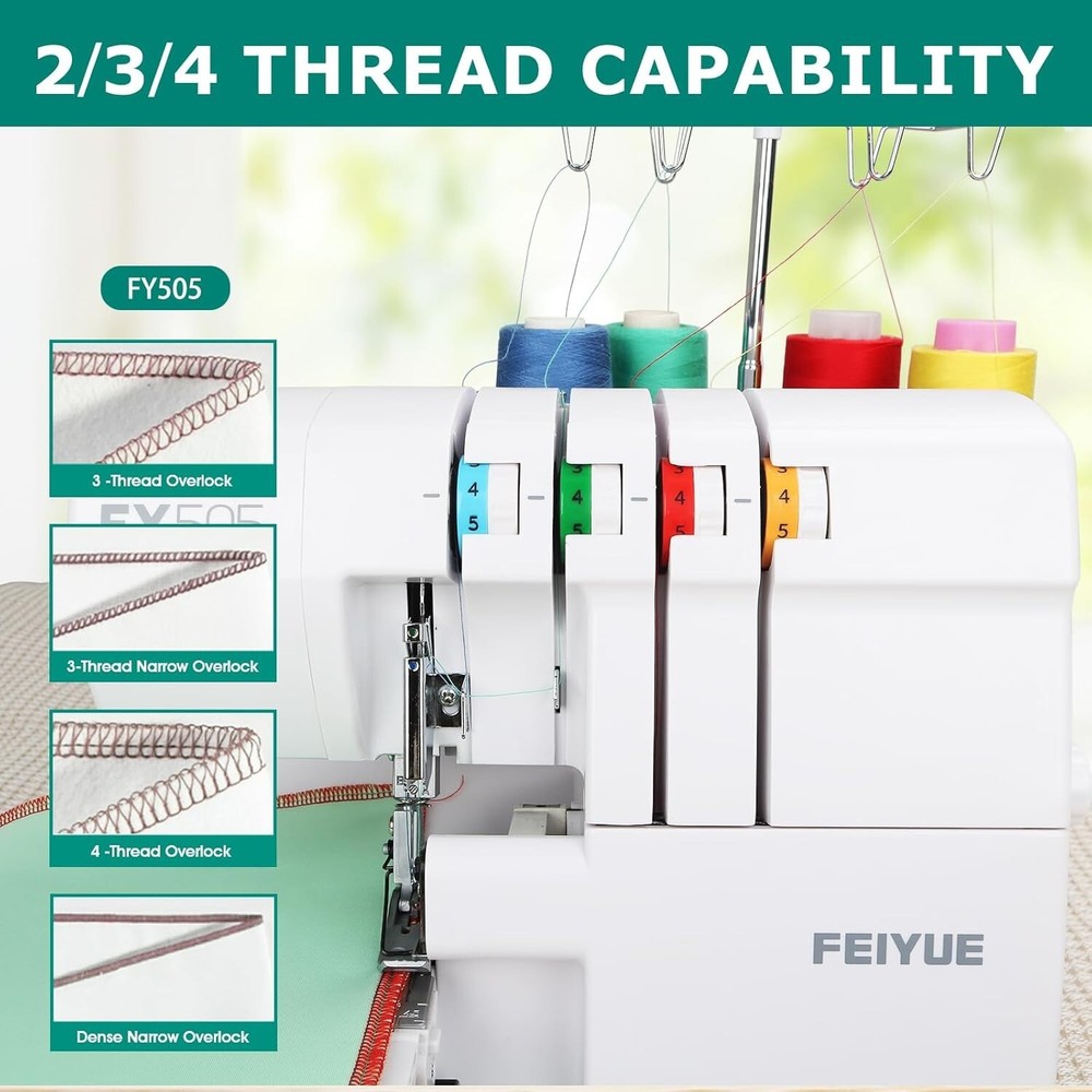 FEIYUE FY505 Serger Overlock Machine with 2/3/4 Thread Capability, Built-in Roll