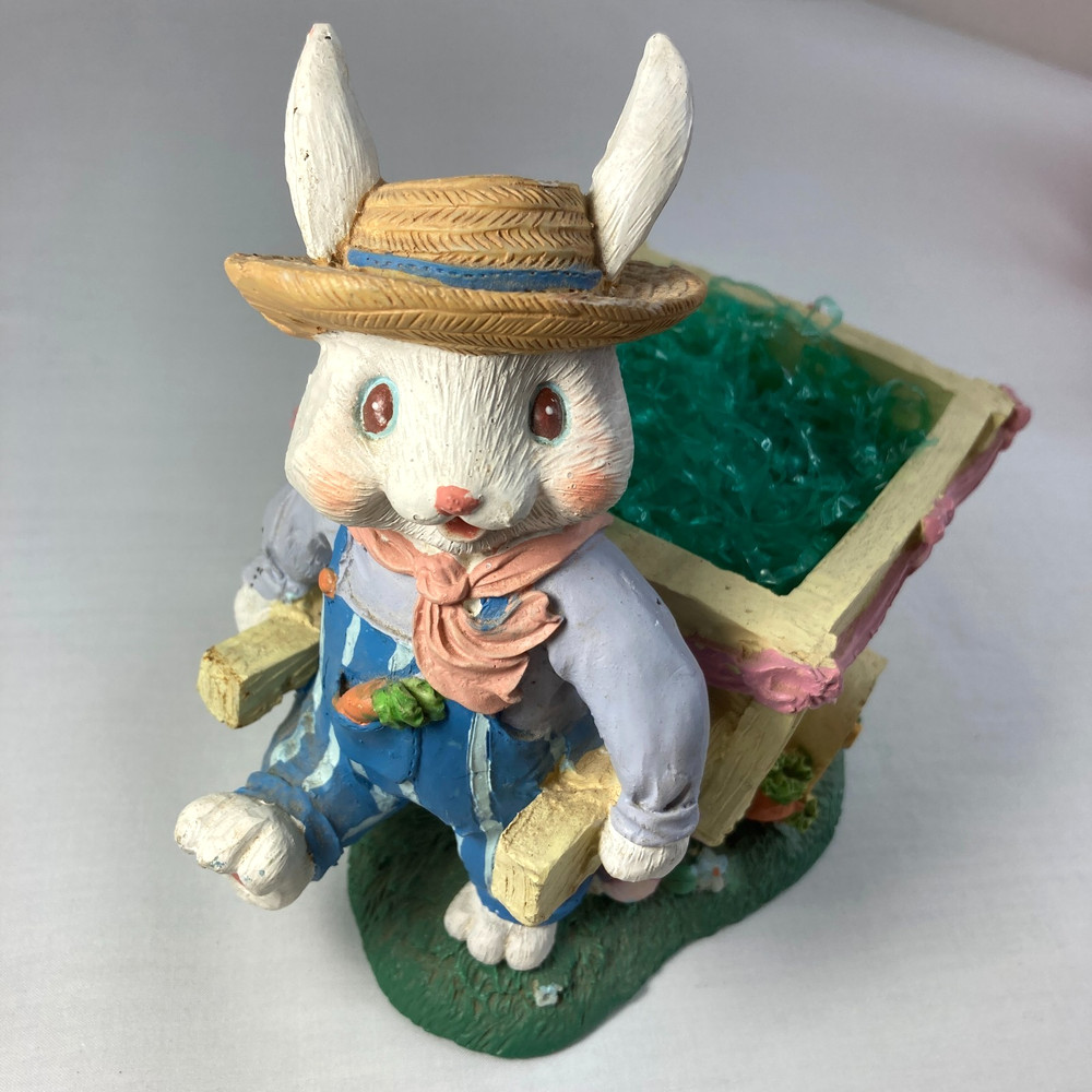 Spring Easter Bunny Figurine Rabbit Straw Hat Blue Overalls Pulling Wheelbarrow