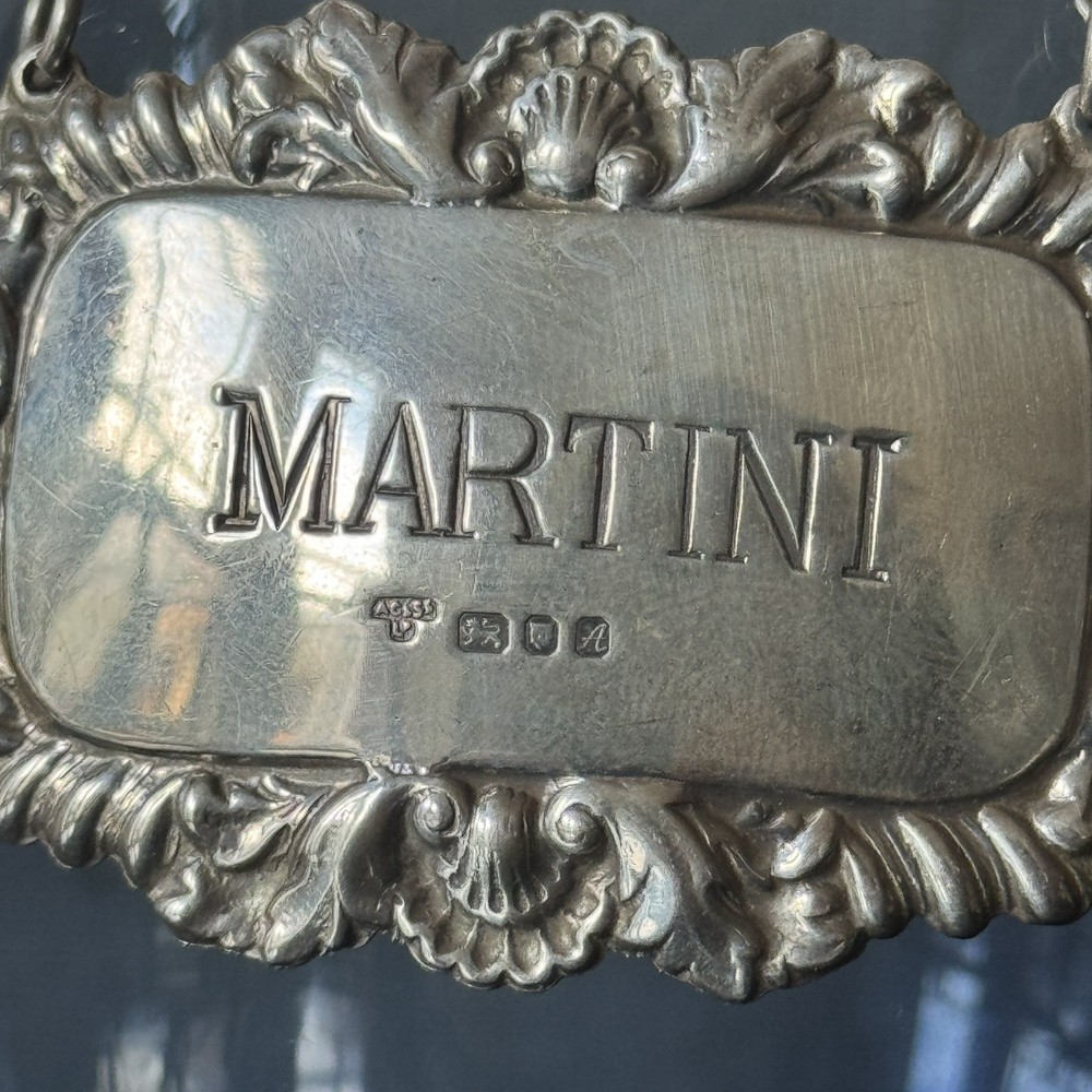 Hallmarked Sterling Silver MARTINI Decanter Label, 1975, London, Shell Pattern