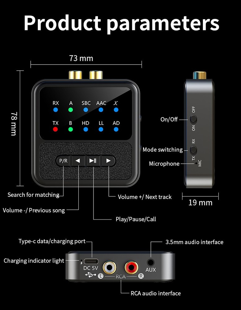 Bluetooth-Compatible 5.4 Audio Adapter APTX Receiver And Transmitter 2-In-1