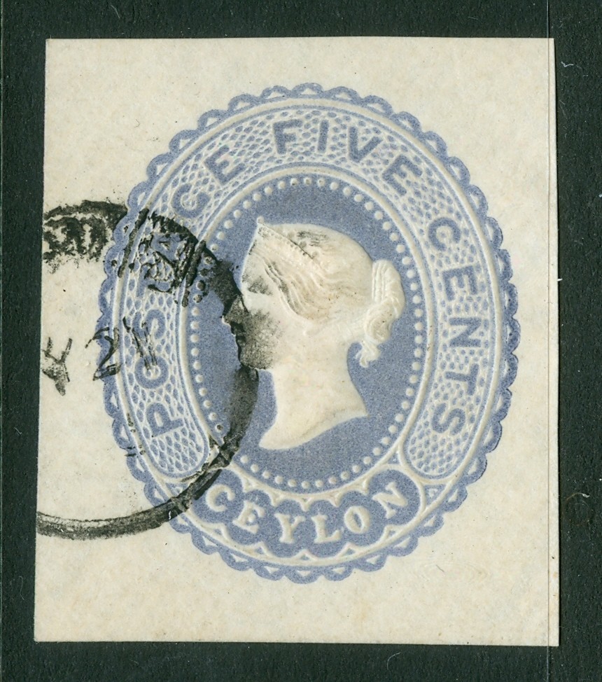 Ceylon, 5c milky blue cut square.