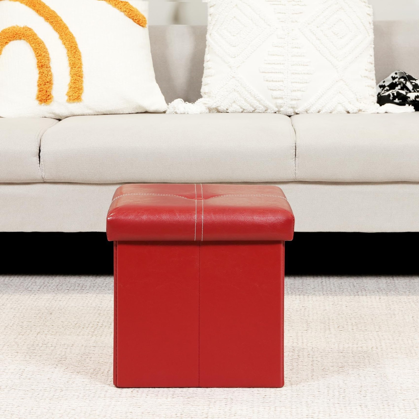 Folding Storage Ottoman Cube, Faux Leather Footrest Seat Coffee Table, Red 11...
