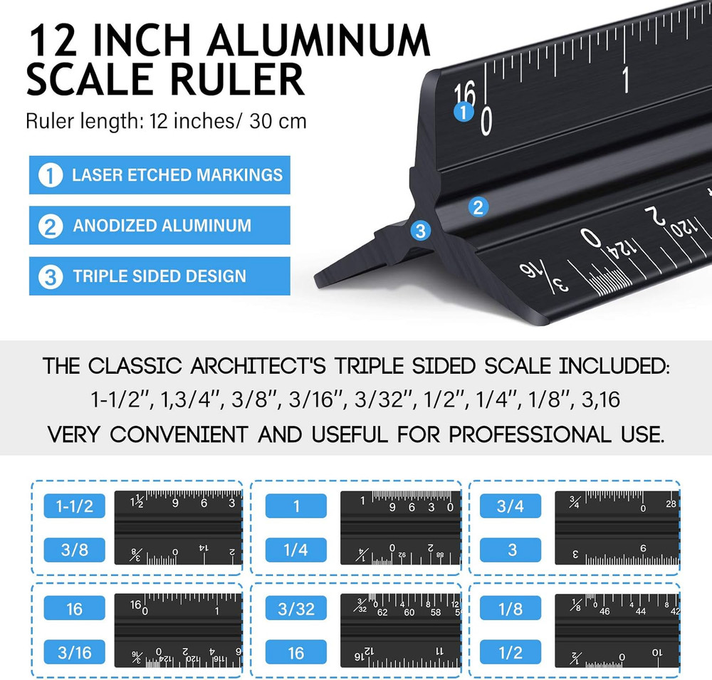 10 Pieces 12 Inch Architectural Scale Ruler Aluminum Triangular Engineering Rule