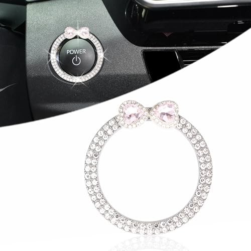 Bow Car Accessories,Double Engine Start Button Ring,Girly Rhinestone Pink Heart