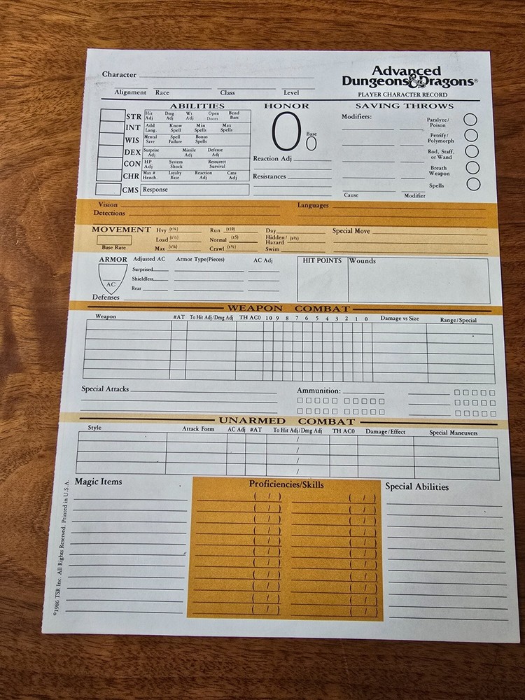 AD&D 1st Edition REF2 Player Character Record Sheet Singles TSR