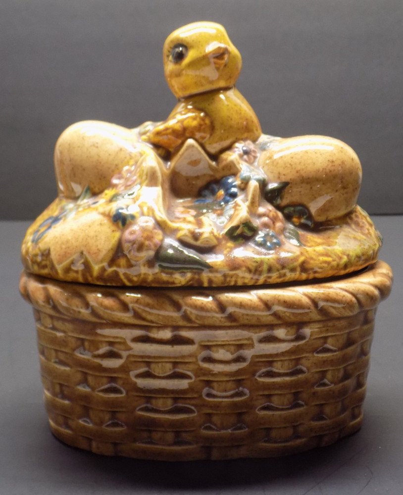 Vintage Ceramic Easter Basket Dish w/ Chick & Eggs Lid Spring Decor
