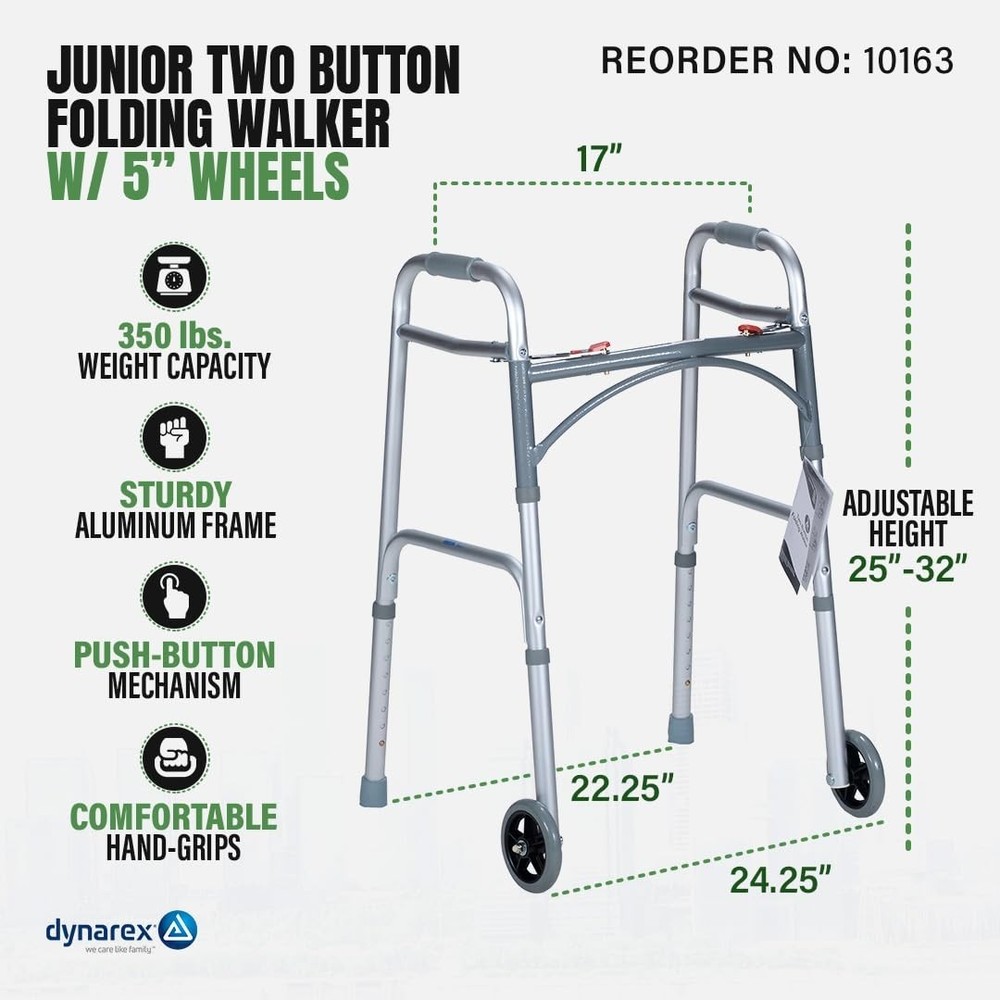 Junior Two-Button Folding Walker with Wheels has Tool-Free Adjustable Height