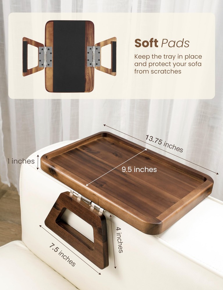 Acacia Sofa Arm Tray, Rectangle Couch Armrest Table - Couch Accessories, Armc...