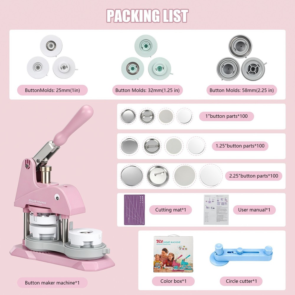Button Maker Machine 3 Sizes DIY Pin Making Machine 1+1.25+2.25 inch 300 Button