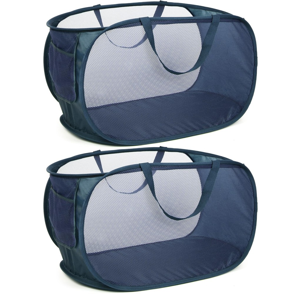 Collapsible Laundry Baskets 2 Pack Navy Blue Mesh Pop Up Hamper with Pocket