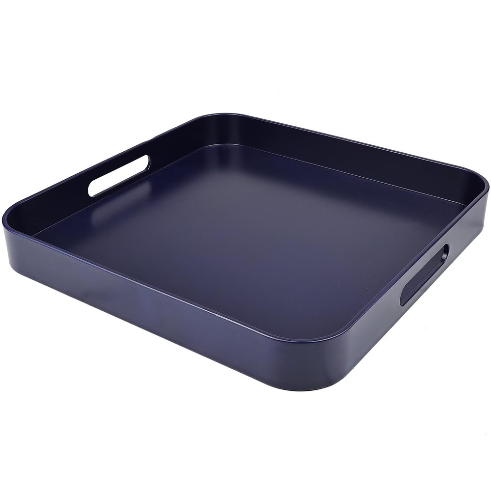 Square Navy Blue Decorative Serving Tray with Handles, Versatile Ottoman Tray...