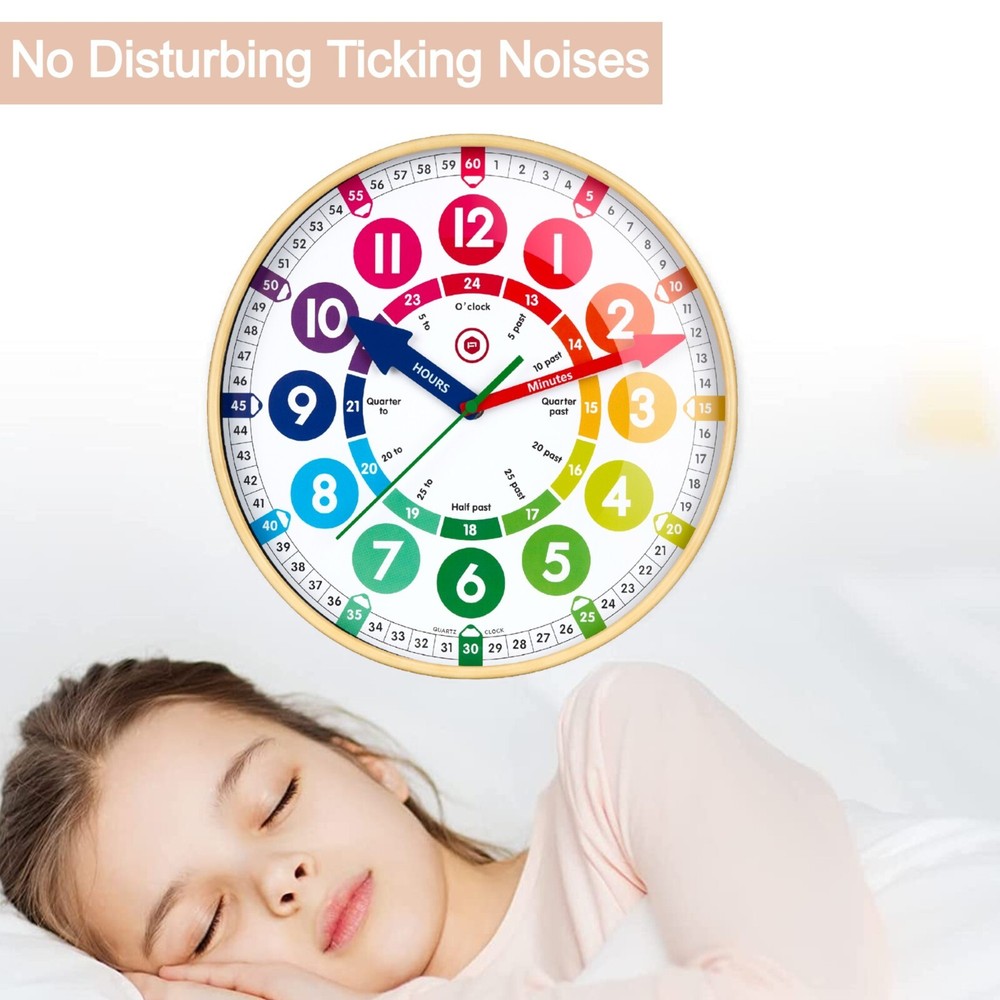 Children’s Learning Large 12” Wall Clock Safe Acrylic Face, Silent Sweep