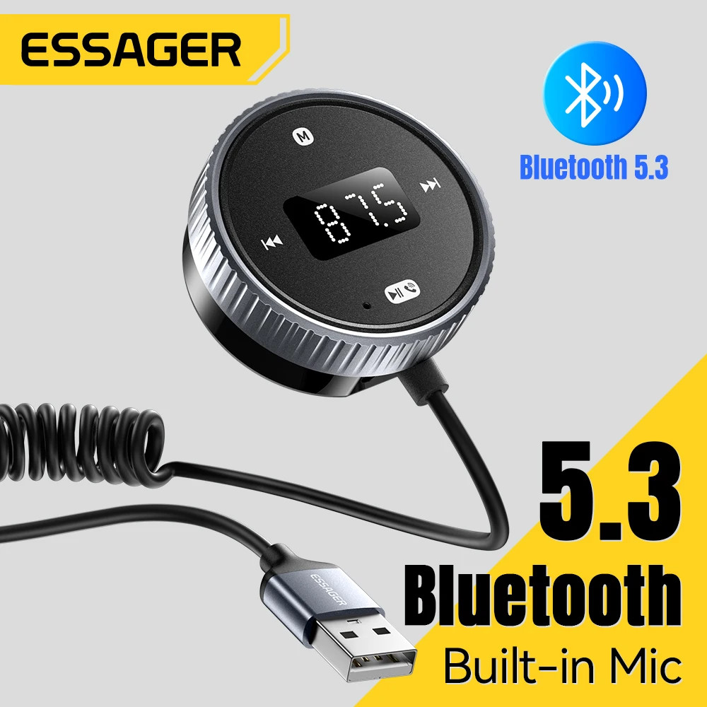 Essager Car Bluetooth 5.3 FM Transmitter With Mic Handsfree 3.5mm AUX Adapter