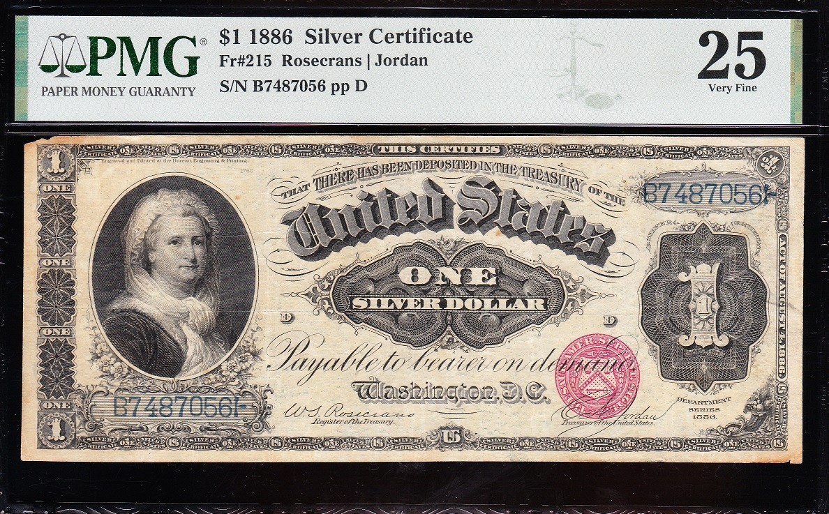 VERY NICE Bold & Crisp VF+ 1886 $1 Ornate "MARTHA" Silver Cert.! PMG 25! 87056
