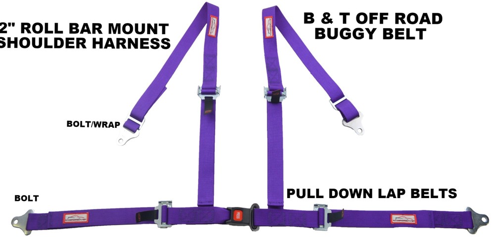 PURPLE 4 POINT SEAT BELT HARNESS PULL DOWN LAP BELTS ROLL BAR MOUNT PUSH BUTTON