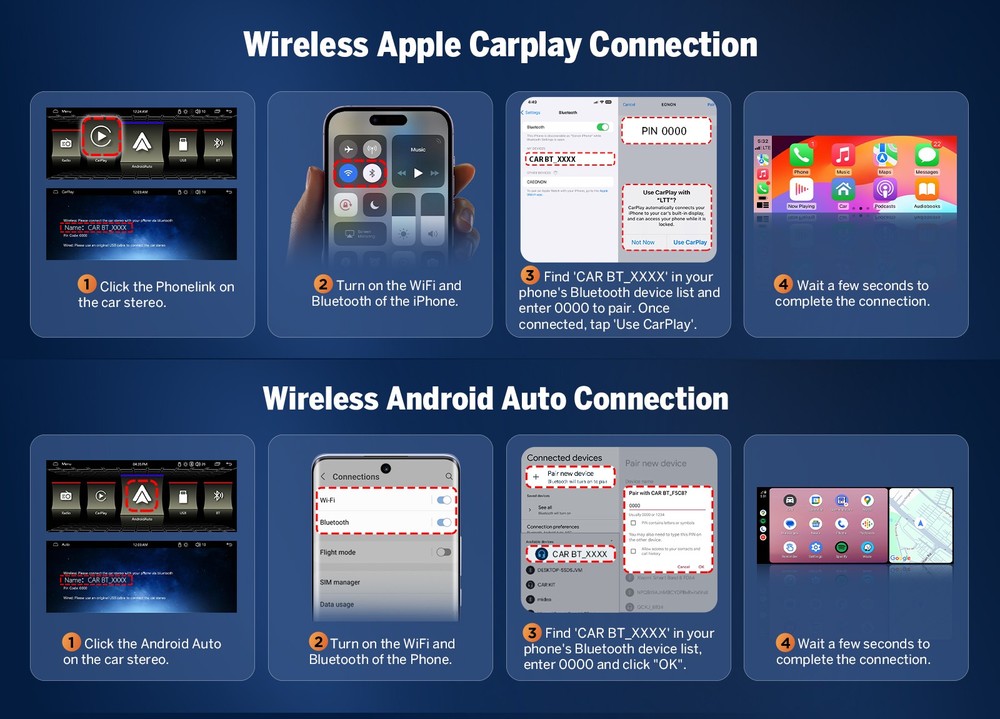 Single 1 DIN 6.36" Touchscreen Stereo Wireless CarPlay Android Auto w/ Bluetooth