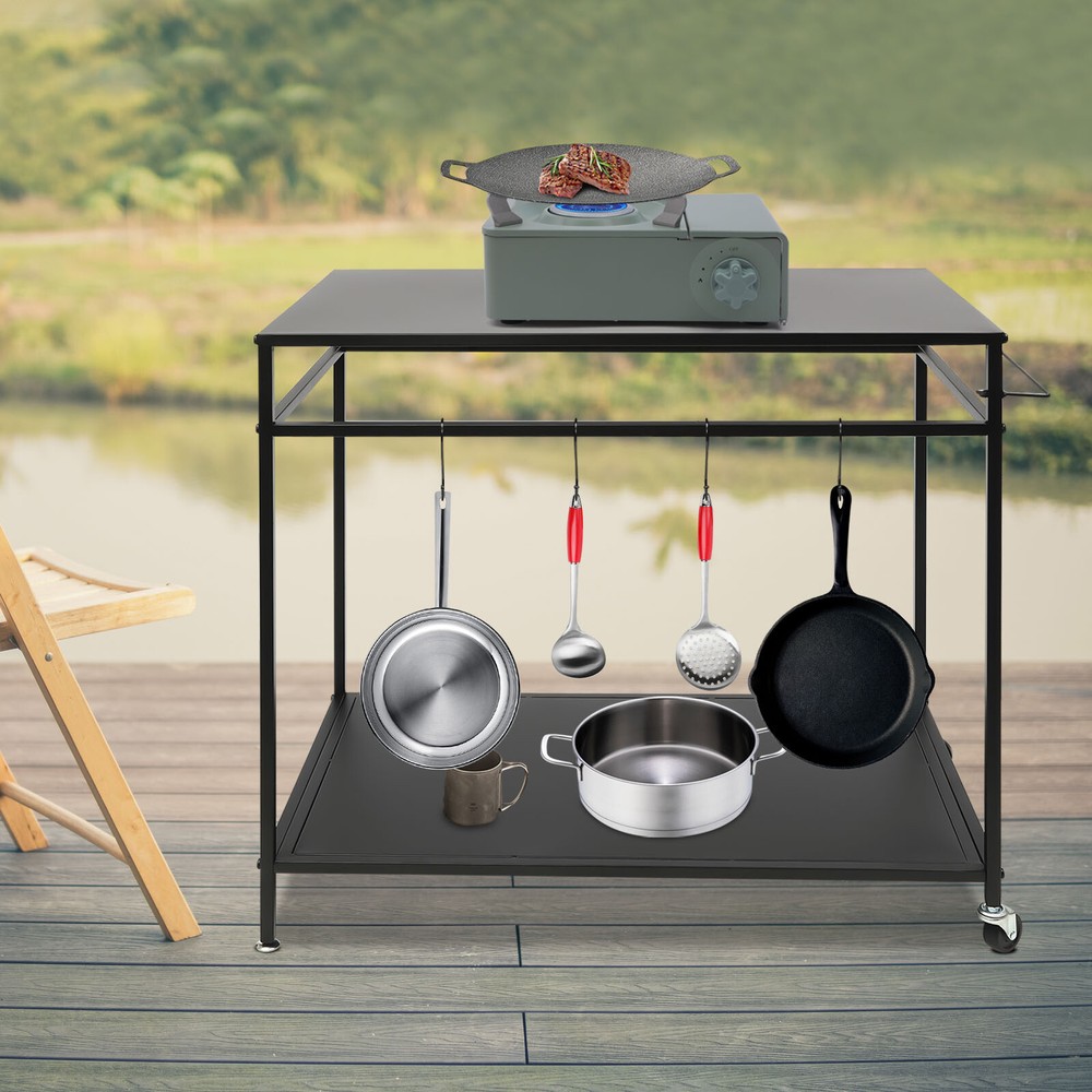 Kitchen BBQ Food Prep Work Cart Table Stand Mobile Storage Rack Grid Panel 2Tier
