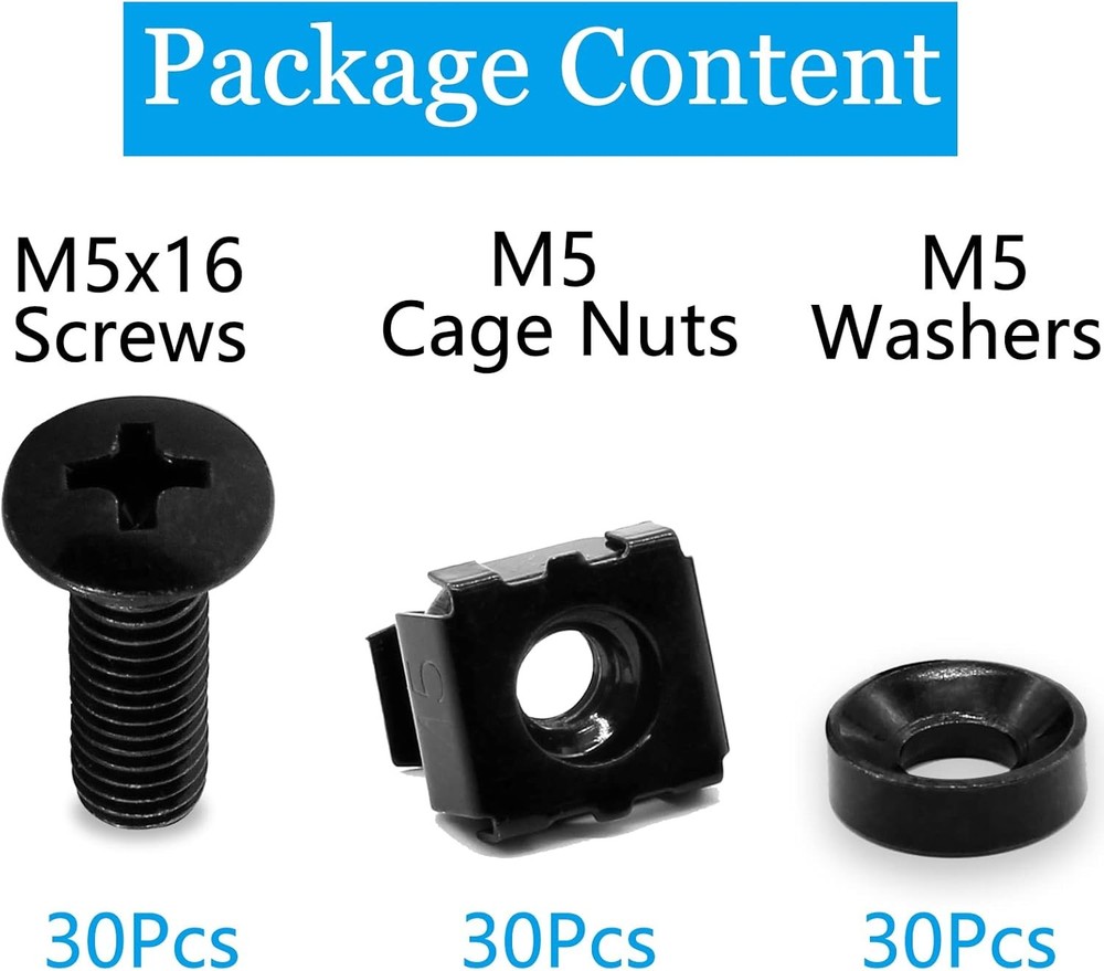 30Pcs M5x16mm Rack Mount Screws Cage Nuts Washers Server Cabinet