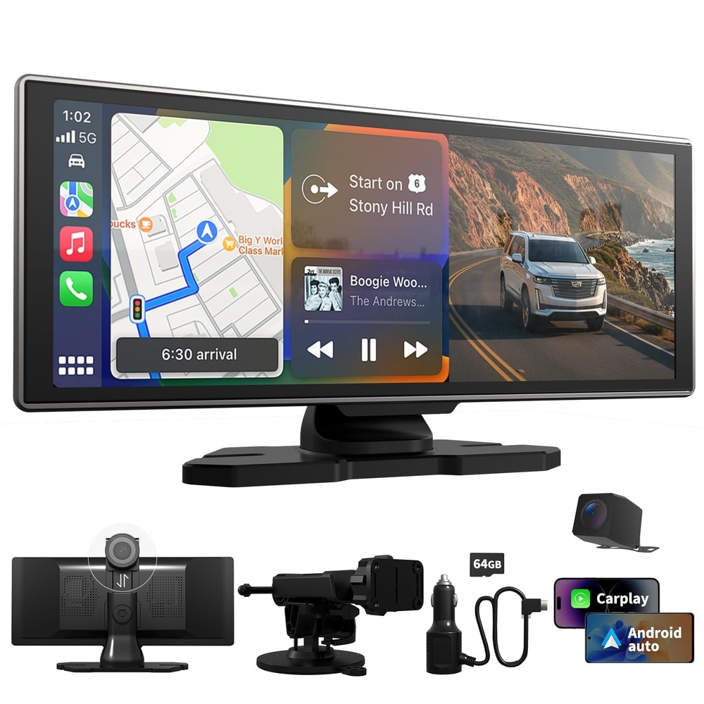 Largest Portable 11.26'' Wireless CarPlay/Android Auto Screen with 2.5D 1920x...