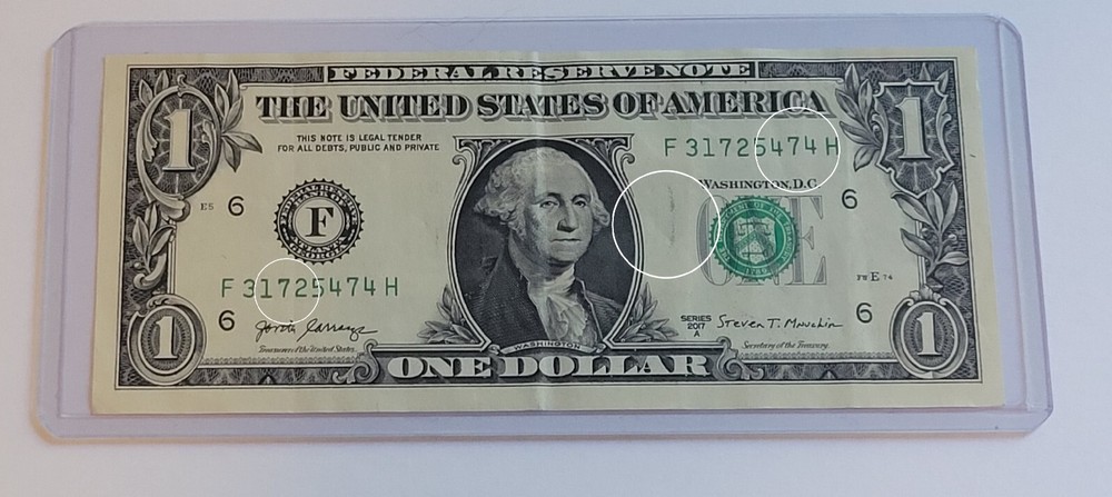 2017A One Dollar Mutiple Errors Misaligned, Gas Pump, Ink Smear Ink Bleed