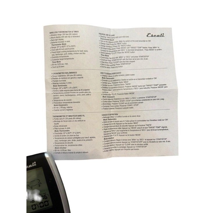 Escali Wireless Thermometer & Timer NEW