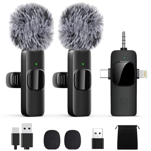 Professional Wireless Lavalier Lapel Microphone for iPhone, 3-IN-1 All Devices
