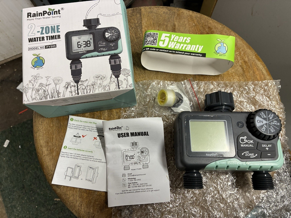 New ITV205 RainPoint Programmable 2 Zone Water Timer w/Rain Delay/Auto Control