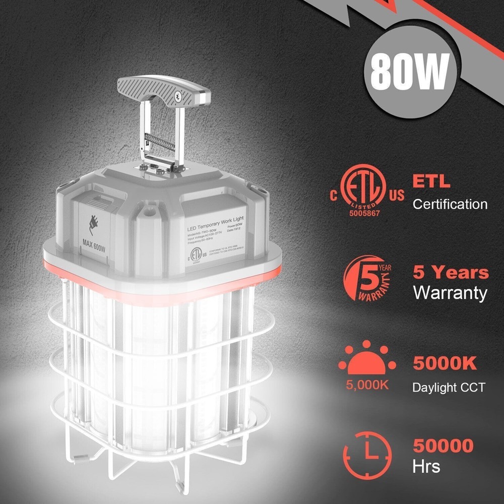 80W LED Temporary Work Light 11600Lm Linkable Hanging Construction Light 5000K