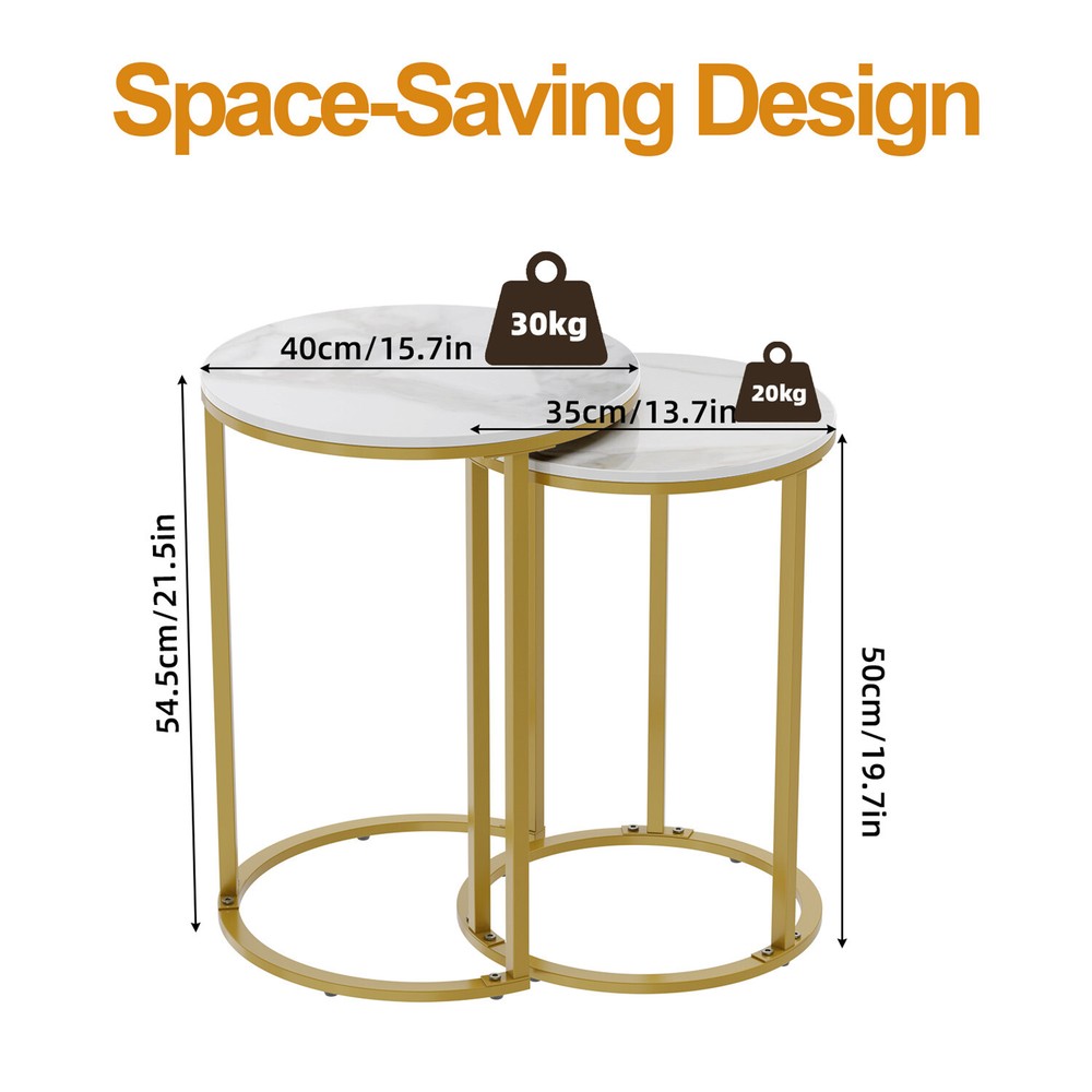 Real Marble 2 Pack Nesting Coffee Side Table Home Tea Desk Round Metal Stacking