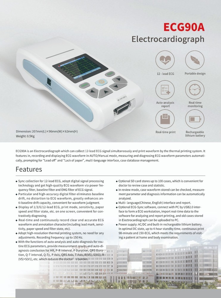 ECG90A 12 Leads Single Channel EKG ECG Machine USB Software Printer+Bag