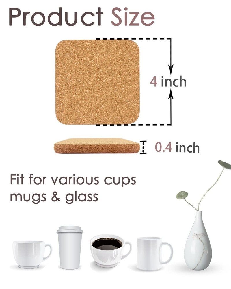 Cork Coasters for Drinks, 8 Pcs Square Extra Thick Absorbent Cork Coaster Set...