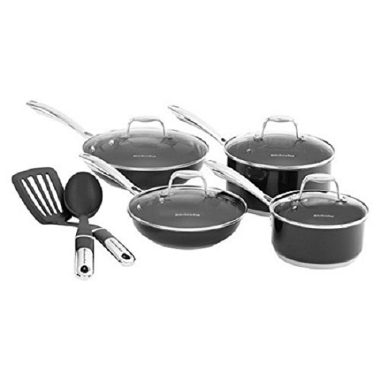 KITCHENAID 10 Piece Stainless Culinary Cookware Set Onyx KCSS10GOB New