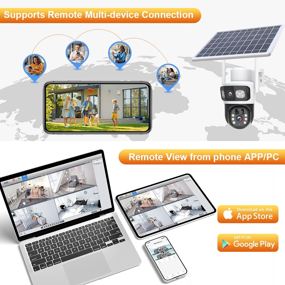 4MP WiFi Solar Battery Powered Wireless Security Camera Sys Outdoor PTZ Audio