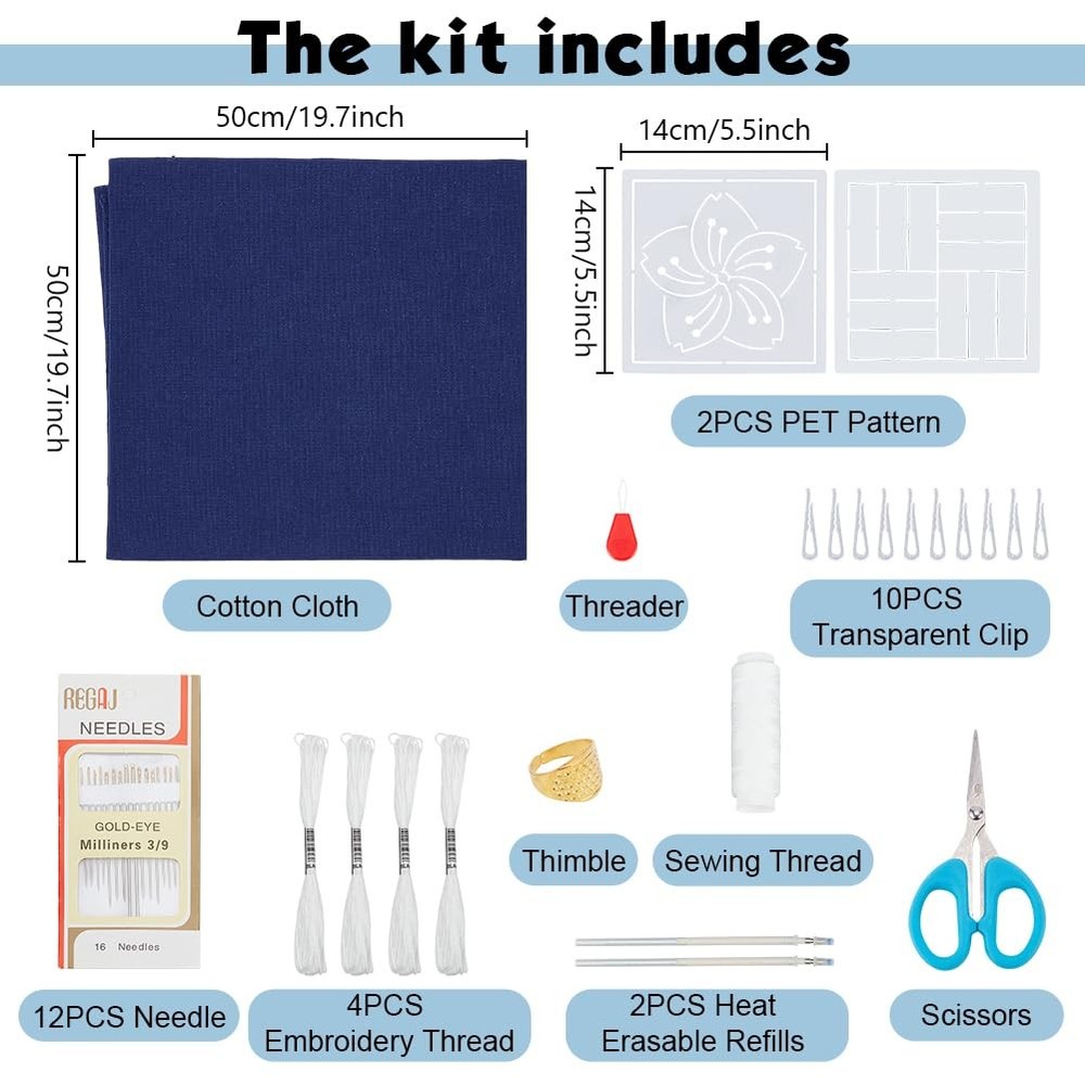 WEBEEDY Sashiko Pillowcase Template Kit DIY Pattern blue