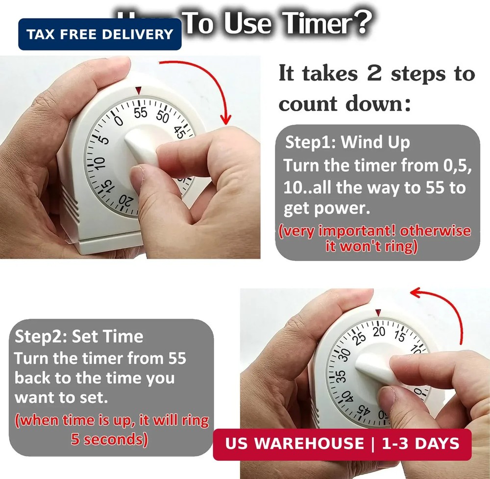 60 Minute Wind Up Timer, Visual Mechanical Timer with Loud Alarm, Manual Countdo